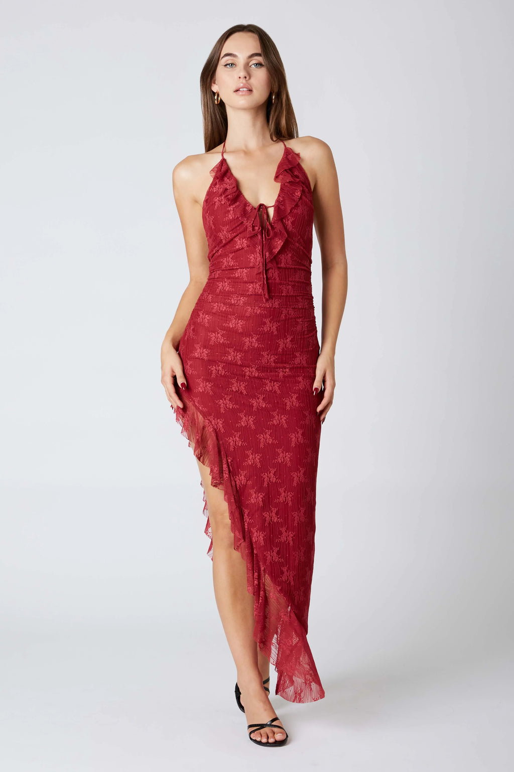 Lace Halter Asymmetrical Midi Dress