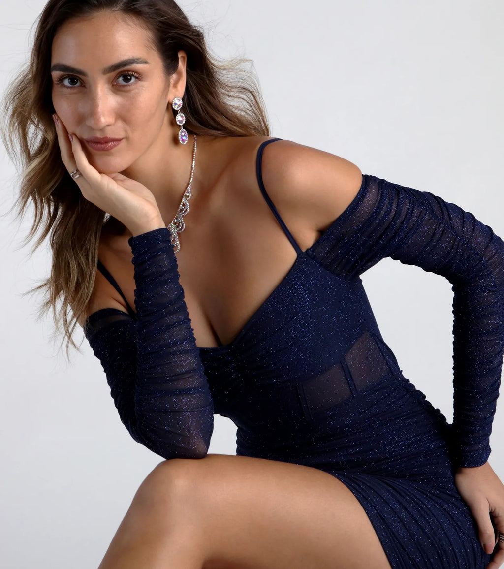 See Me Shining Glitter Off-The-Shoulder Mini Dress