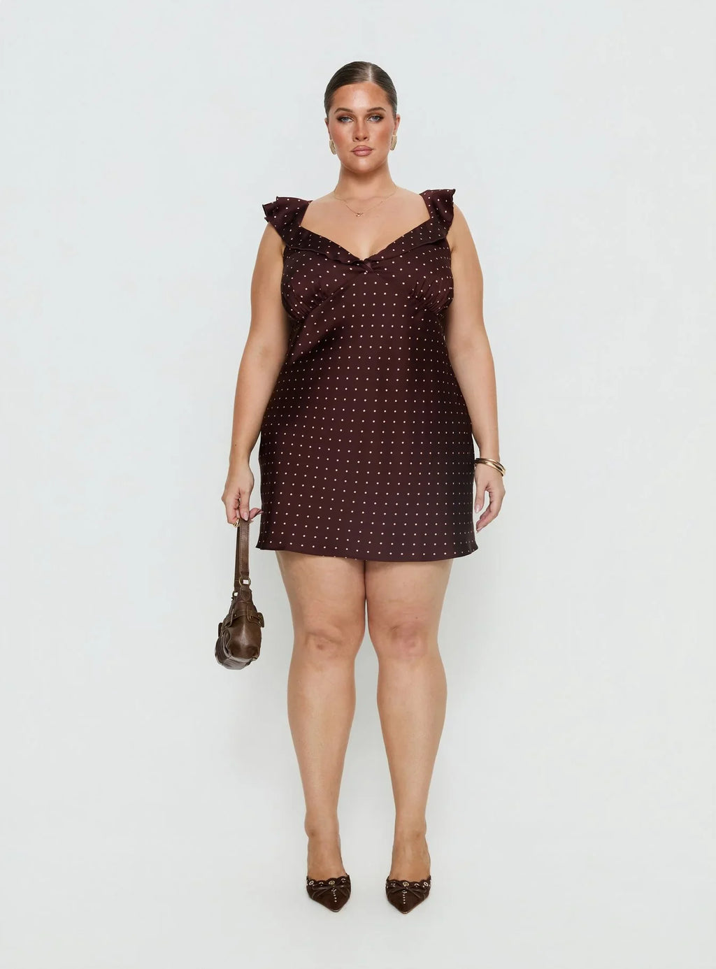 Kamillah Frill Mini Dress Burgundy Polka Dot Curve