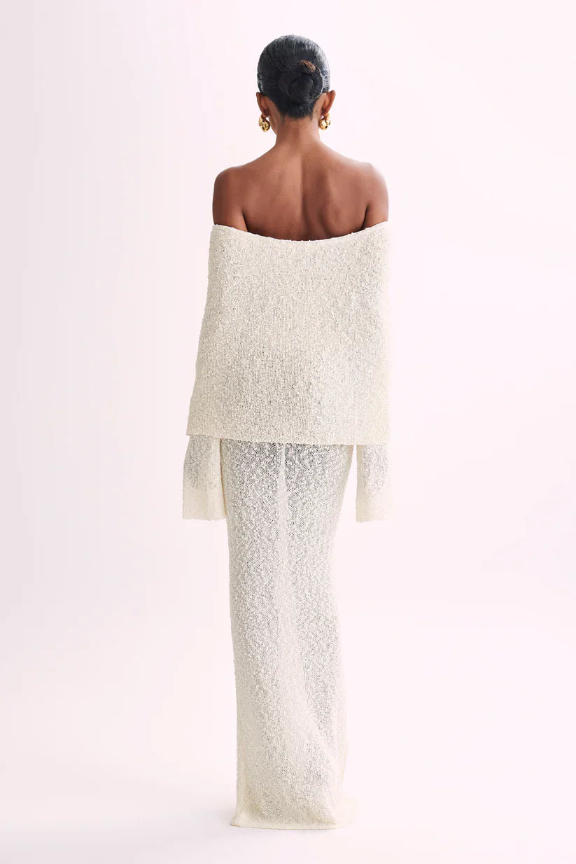 Off-Shoulder Ribbed Bouclé Maxi Dress with Flared Sleeves