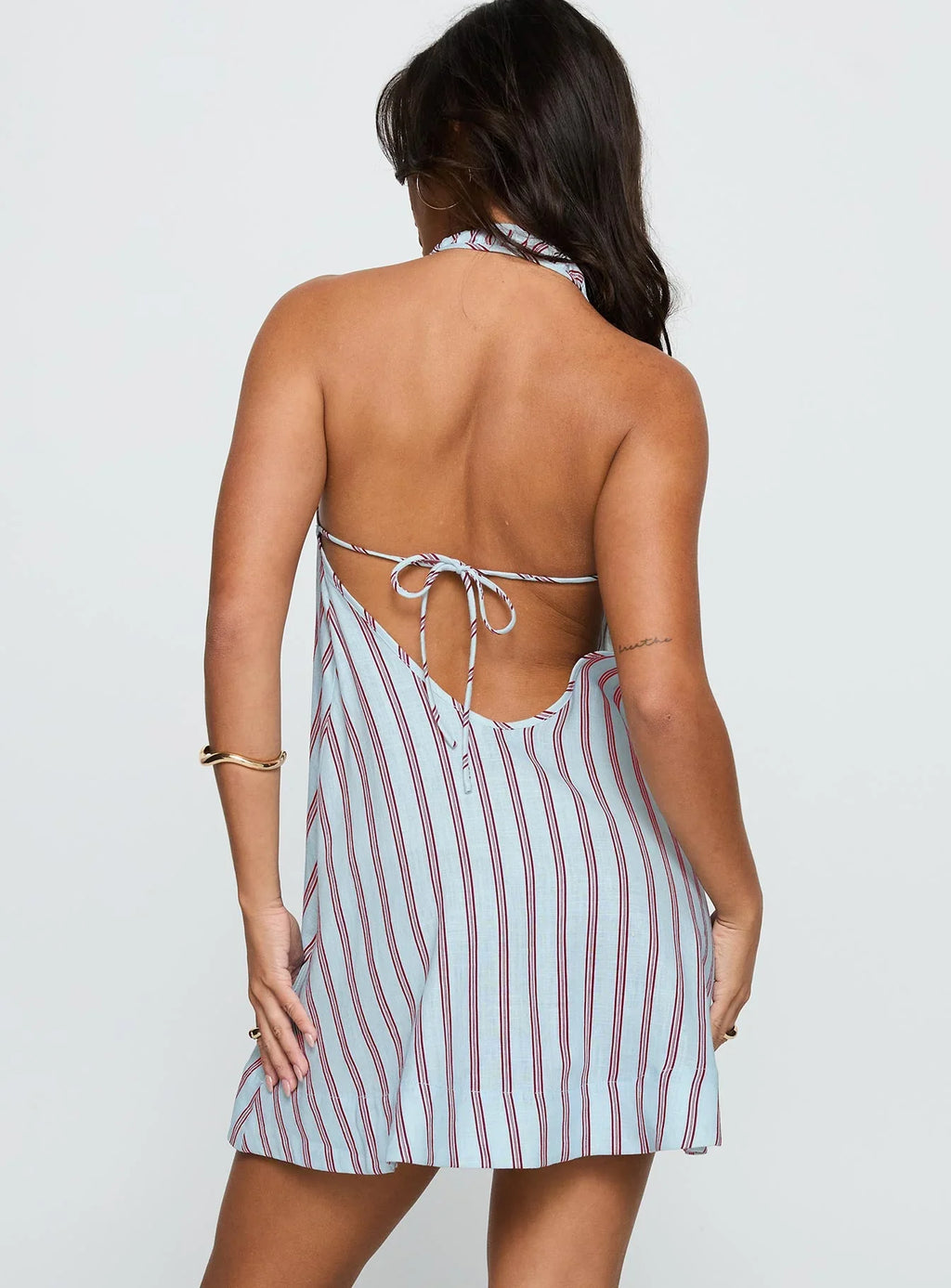 Daydreams Linen Blend Halter Mini Dress Blue / Maroon Stripe