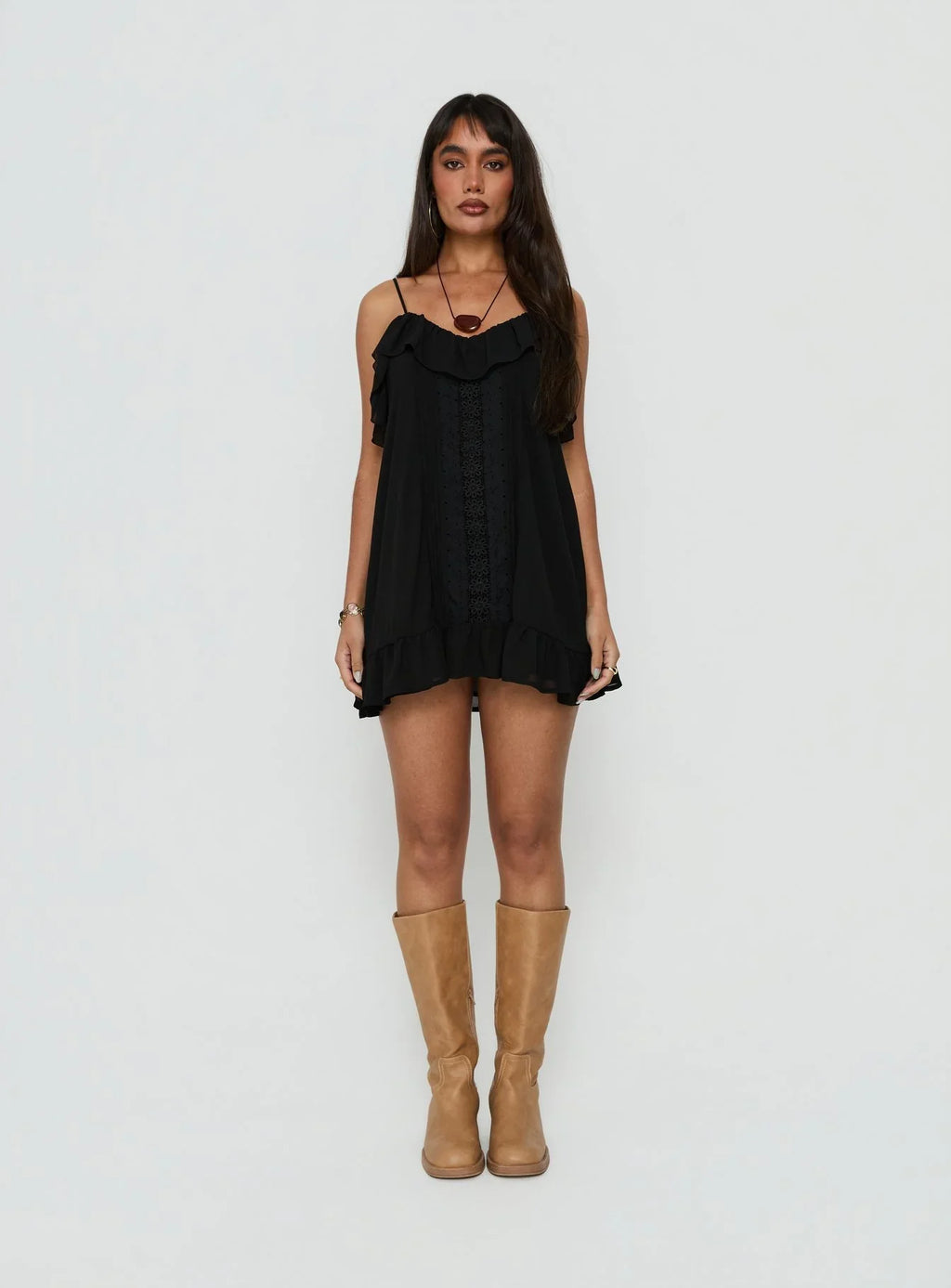 Somnielle Frill Lace Detail Mini Dress Black