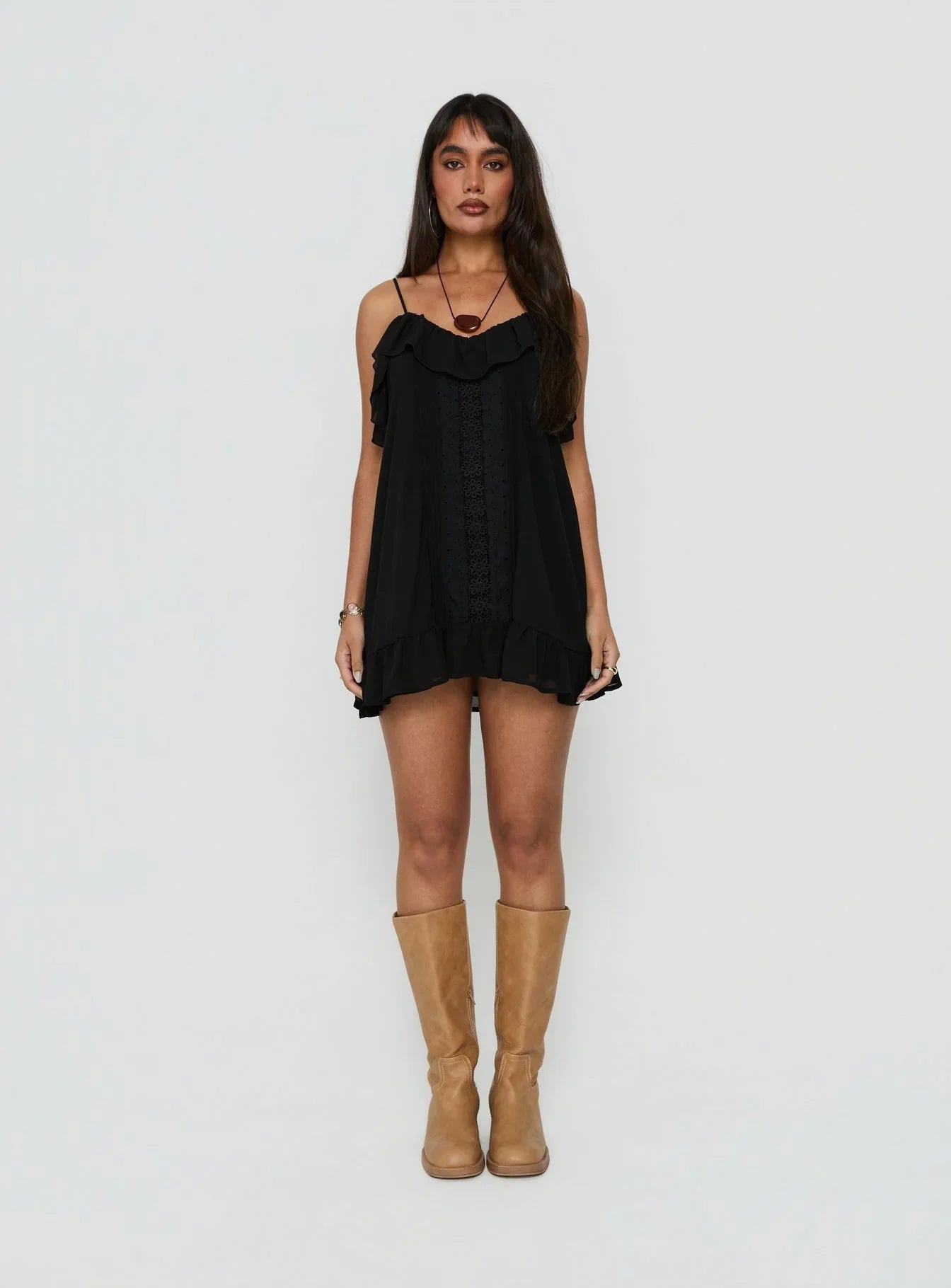 Somnielle Frill Lace Detail Mini Dress Black