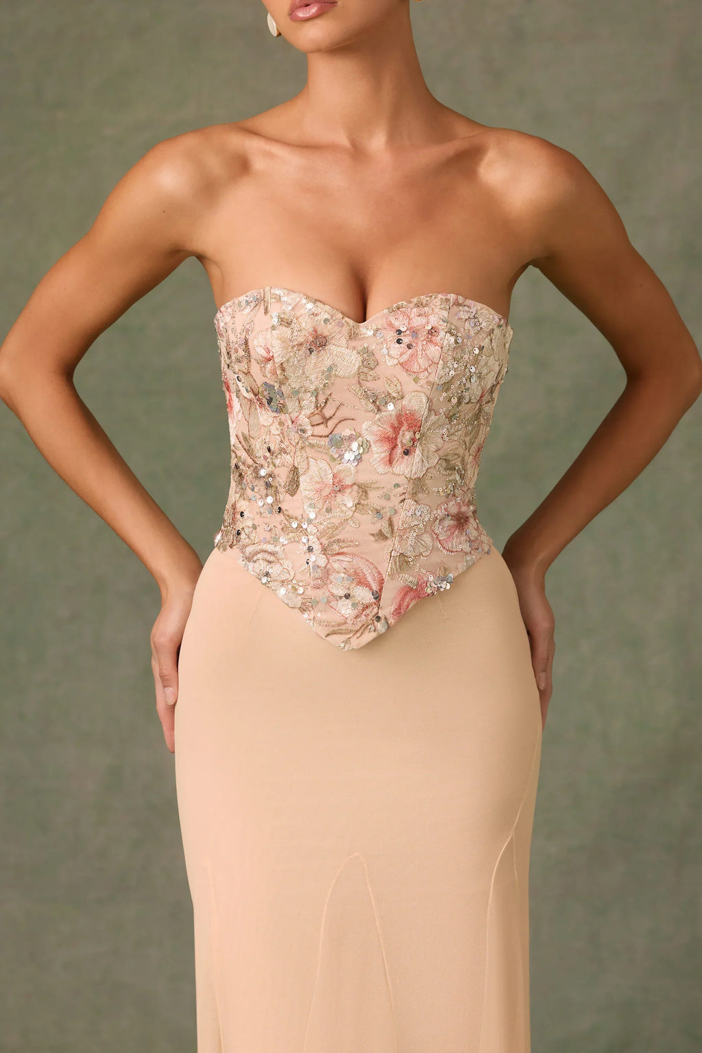 Embellished Corset Fishtail Gown in Floral Beige