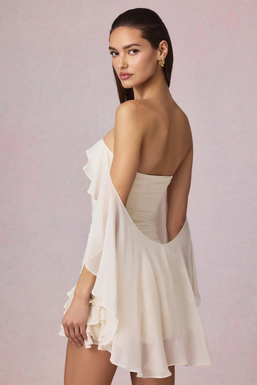 Off-Shoulder Ruffled Mini Dress in Ivory