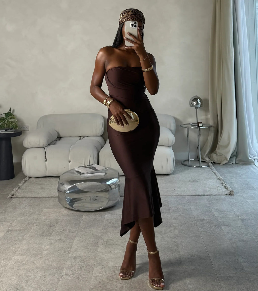 Effortless Flirt Tube Ruffled Midi Dress