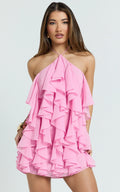Carlson Mini Dress - Halter Neck Ruffle Tiered Dress in Pink