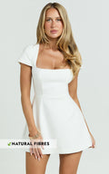 Yuna Mini Dress - Cap Sleeve Open Back Fit And Flare Tulip Dress in White