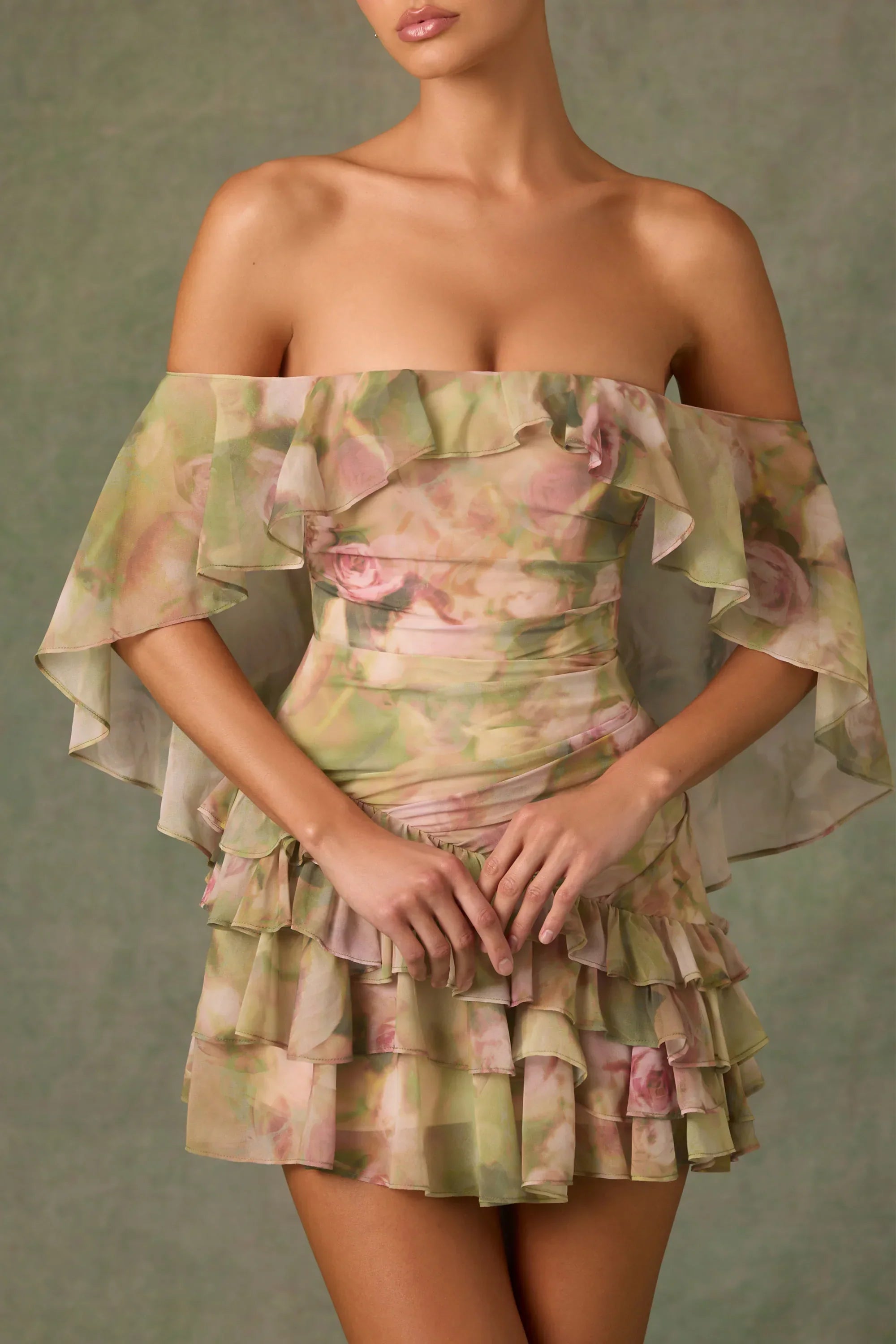 Off-Shoulder Ruffled Mini Dress in Floral Multi Print