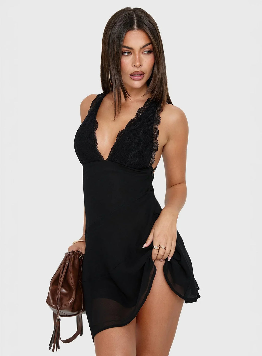 Edeni Lace Splice Halter Mini Dress Black