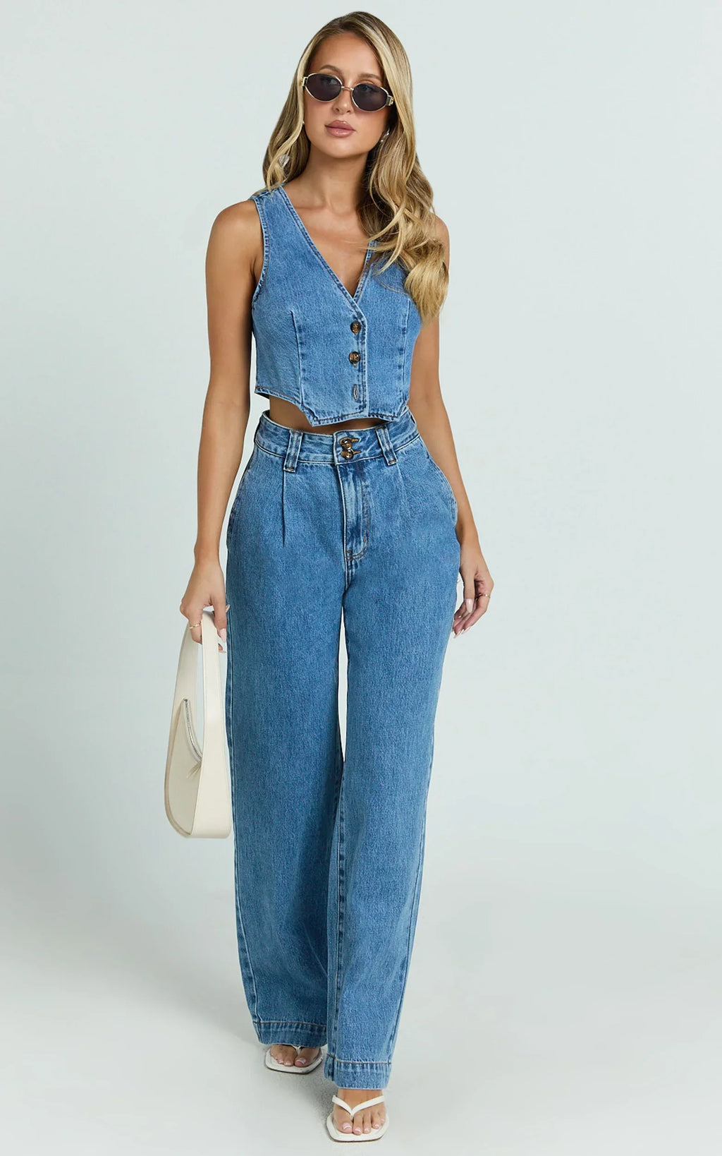 Fergie Jeans - Denim High Waisted Straight Leg Denim Jeans in Mid Blue Wash