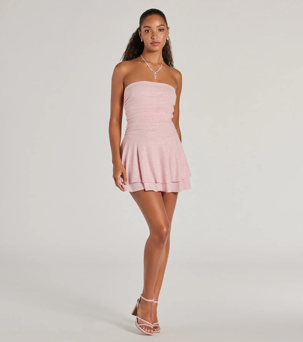 Glittery Impression Strapless Tiered Ruffle Skater Dress
