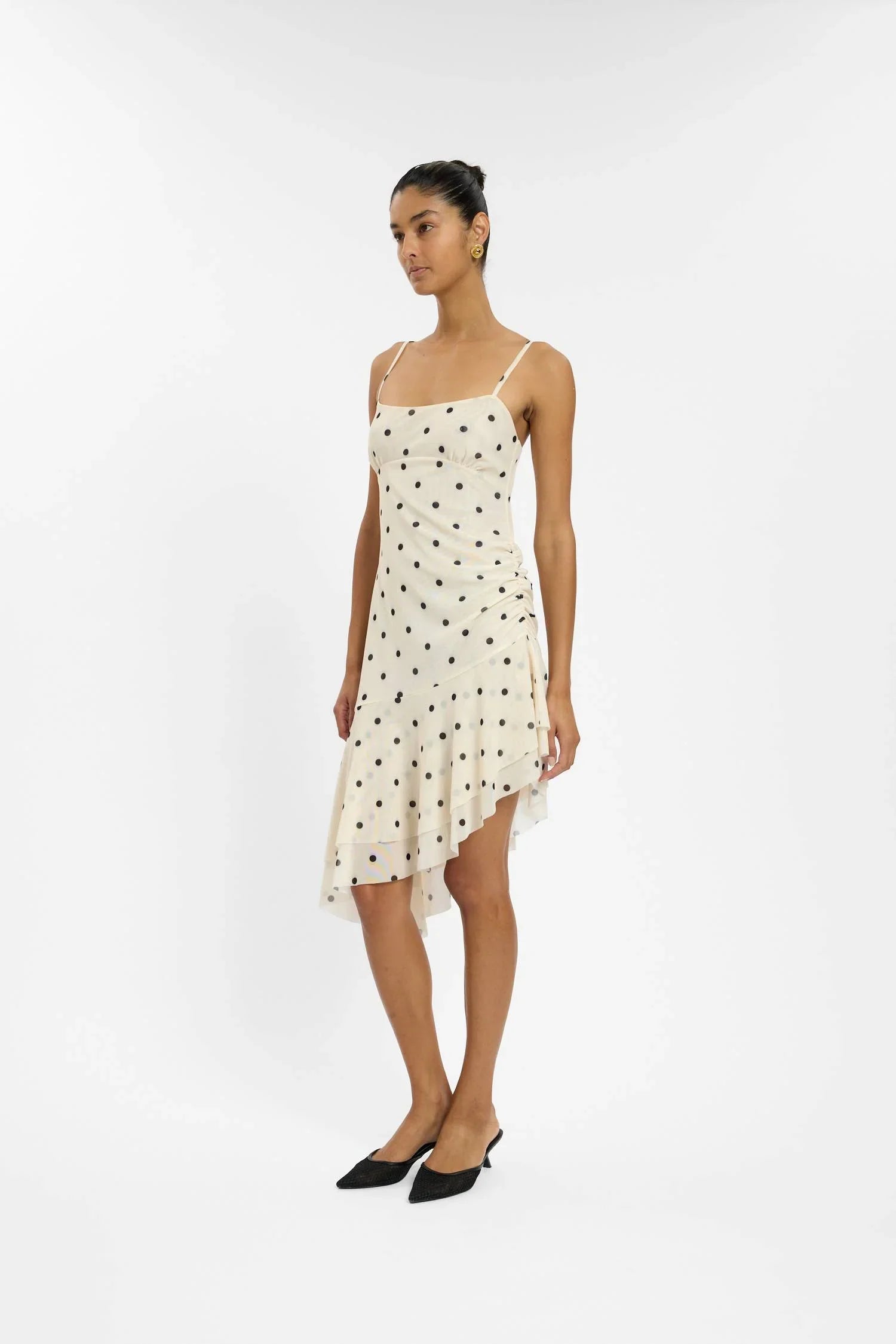 Asymmetric Frill Midi Dress | Ivory Polka