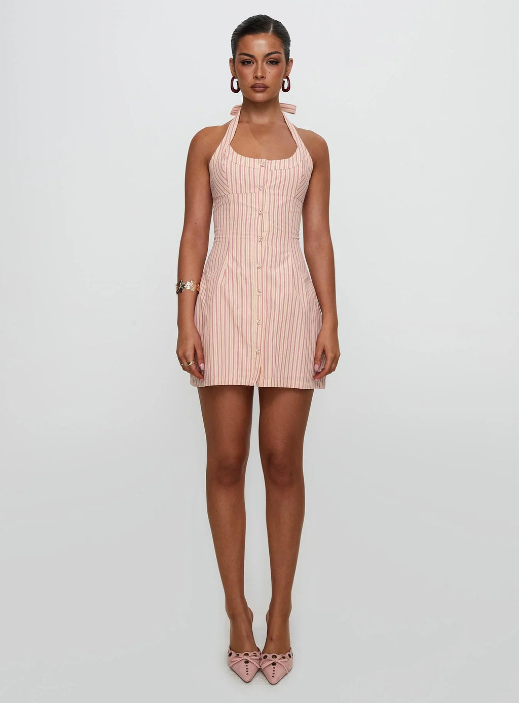 Mallorie Halter Mini Dress Pink Stripe