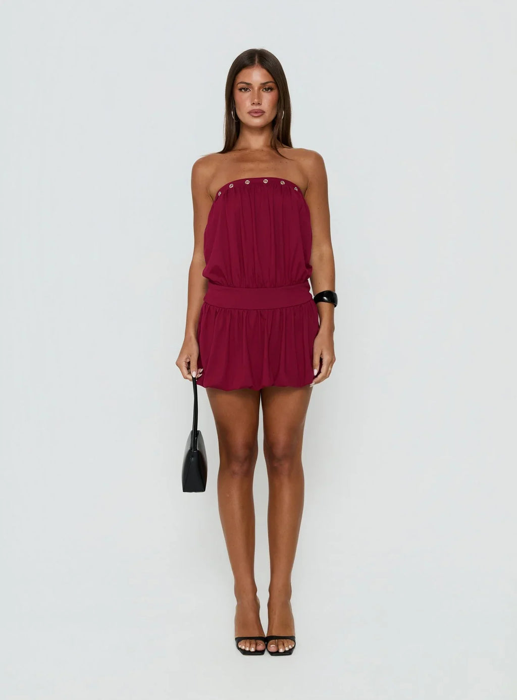 Lenika Eyelet Strapless Mini Dress Burgundy