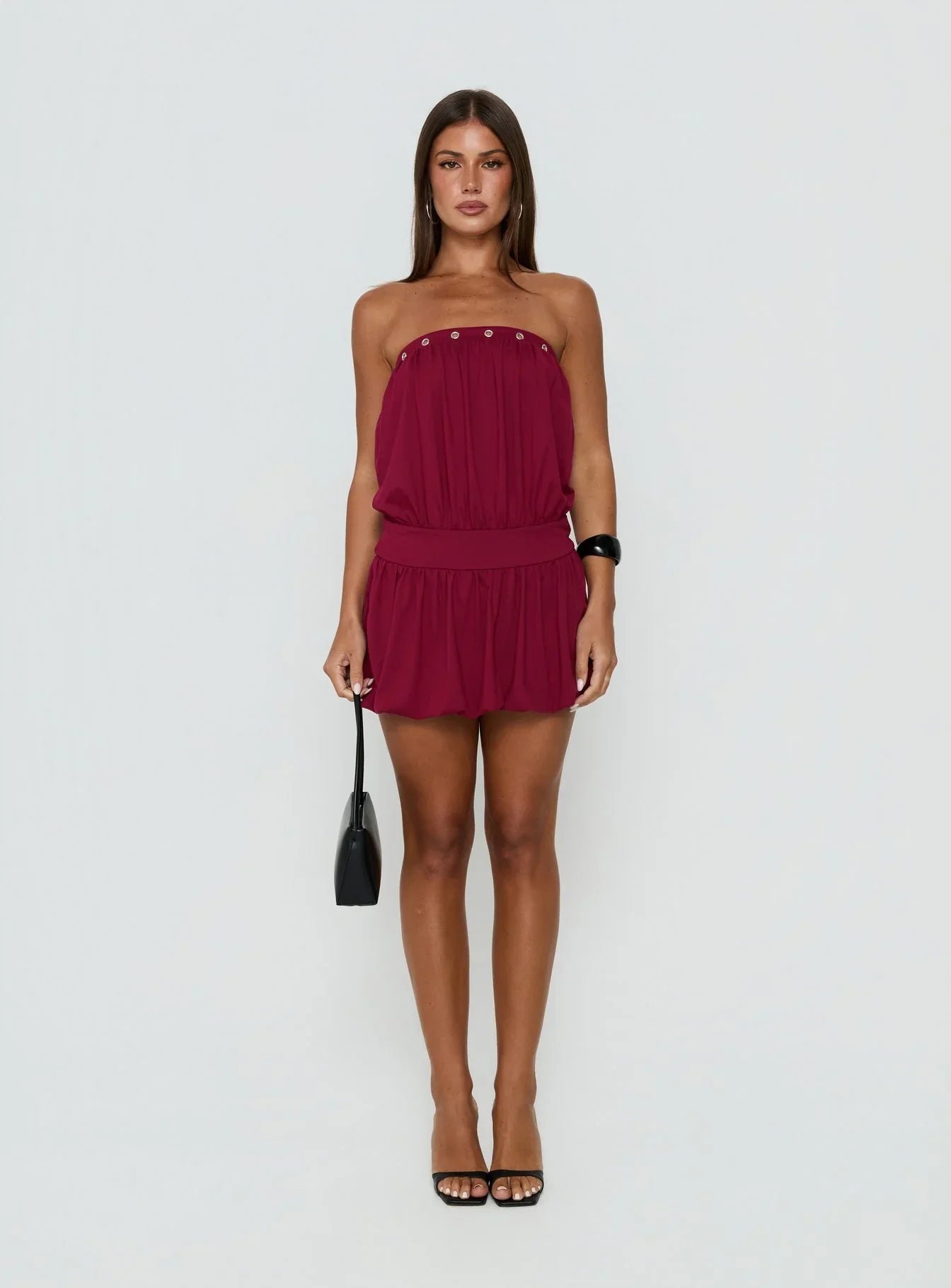 Lenika Eyelet Strapless Mini Dress Burgundy