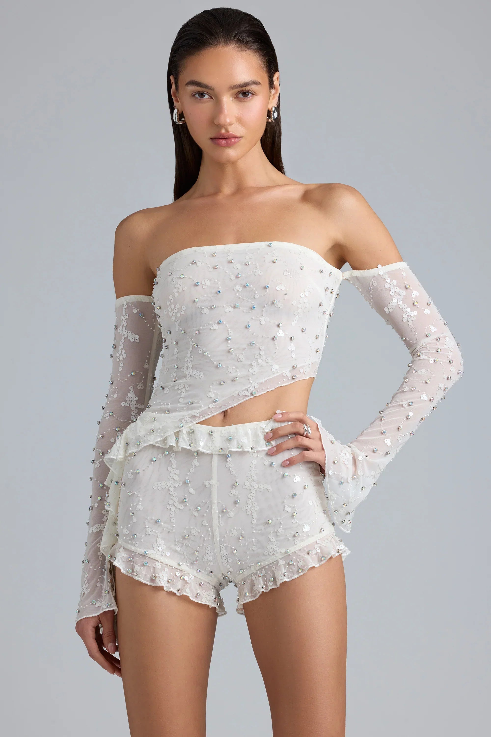 Ruched Ruffle Asymmetric Top in Ivory