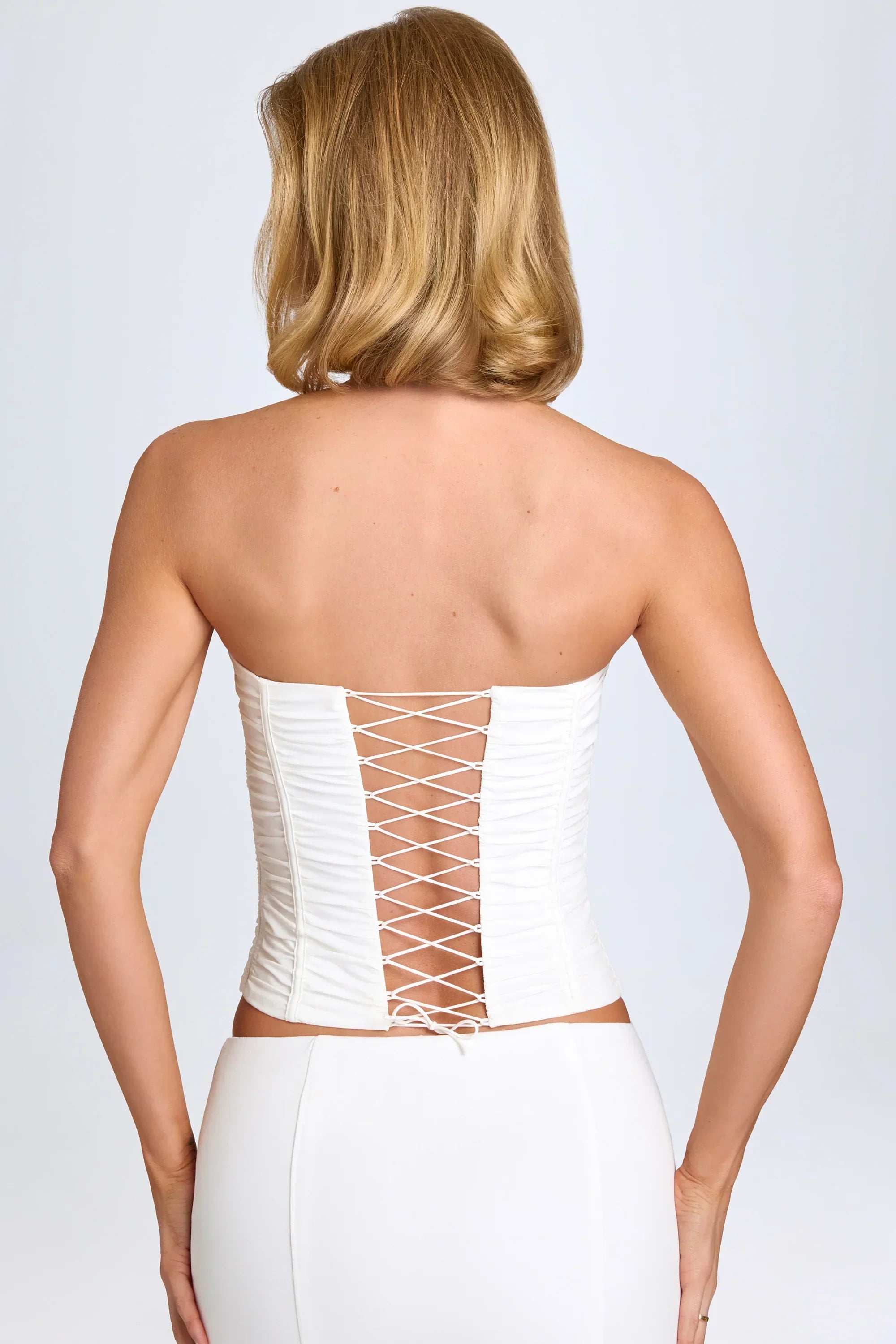 Ruched Lace-Up Corset Top in White