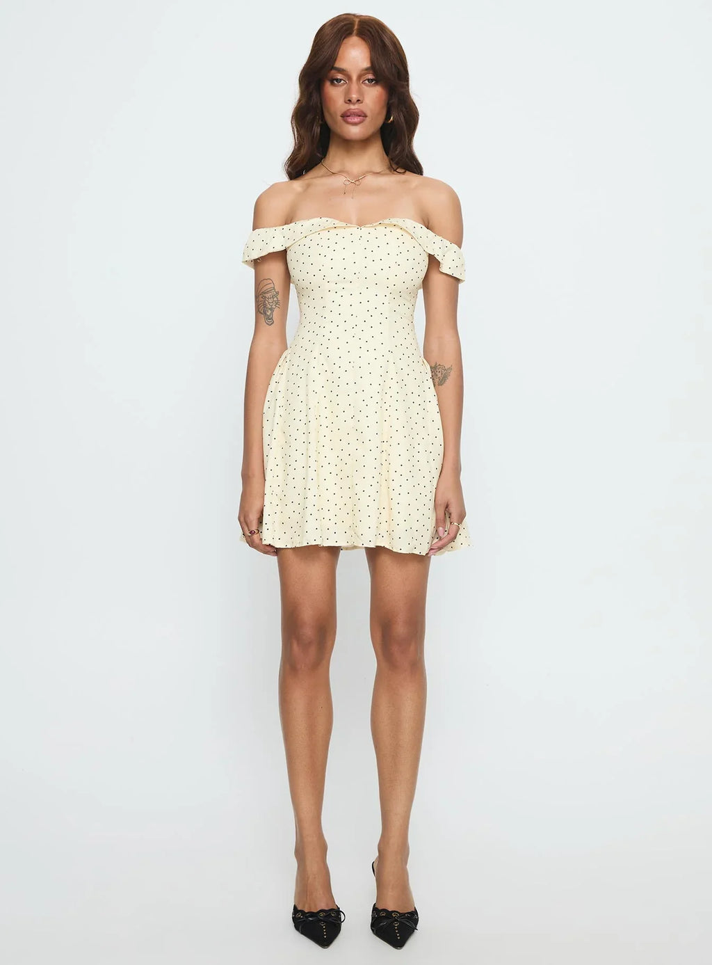 Rosebud Off The Shoulder Mini Dress Yellow / Polka Dot
