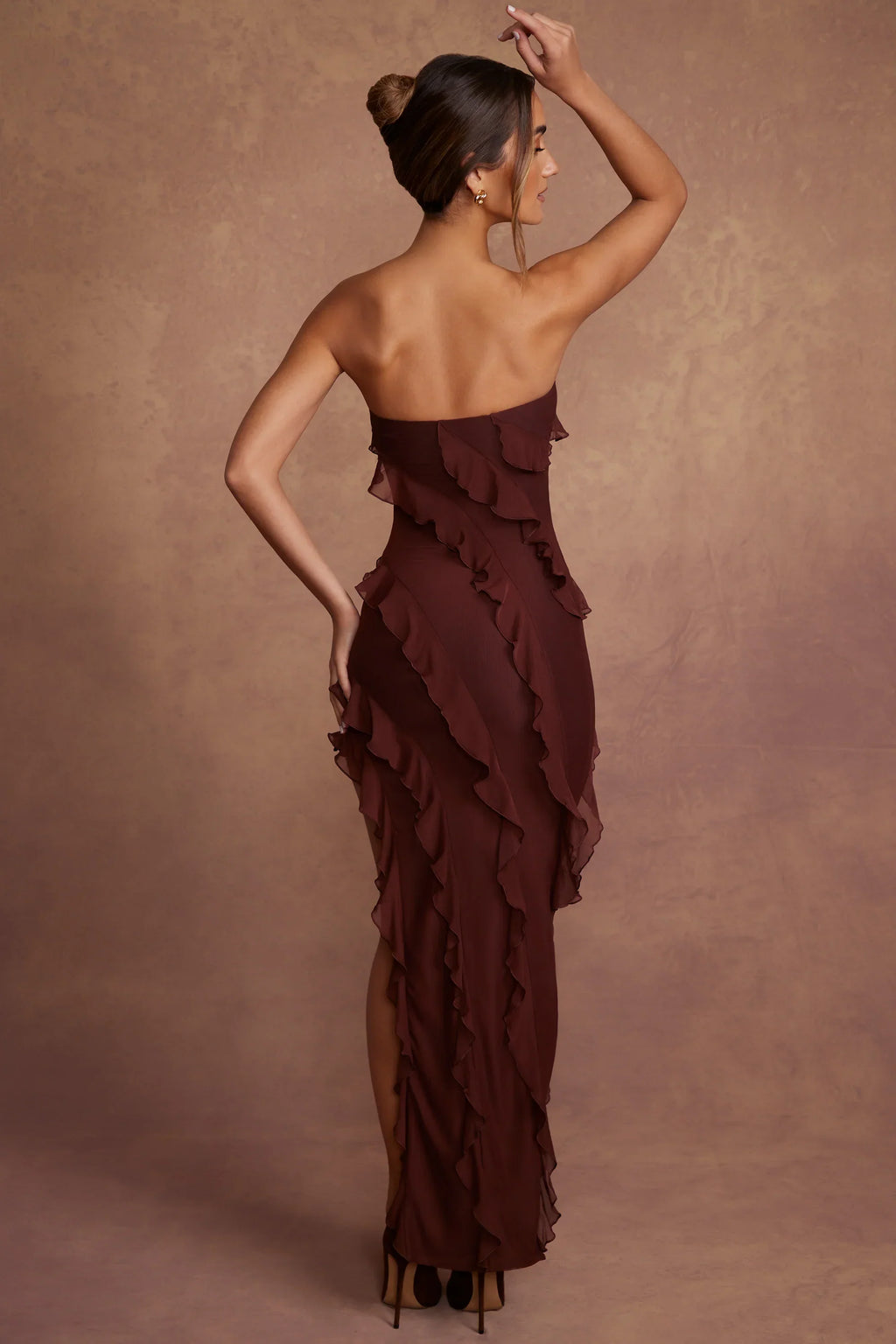 Bandeau Ruffle Detail Maxi Dress in Brown