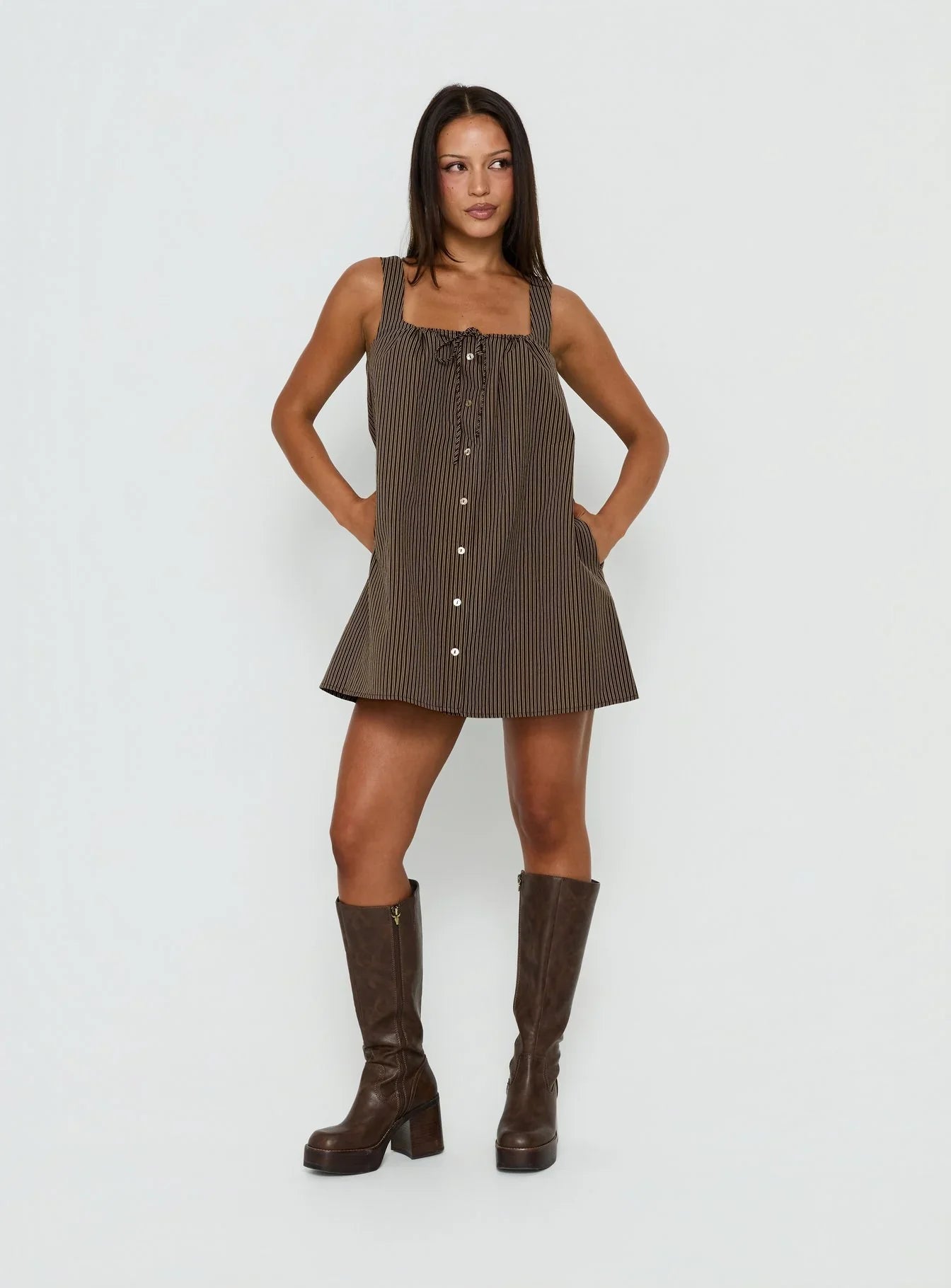 Bambalina Babydoll Mini Dress Brown Stripe