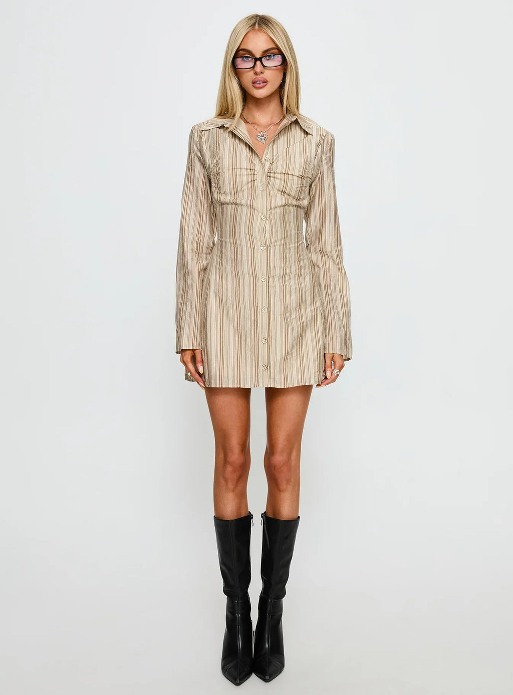 In Your Arms Long Sleeve Tie Back Mini Dress Brown Stripe