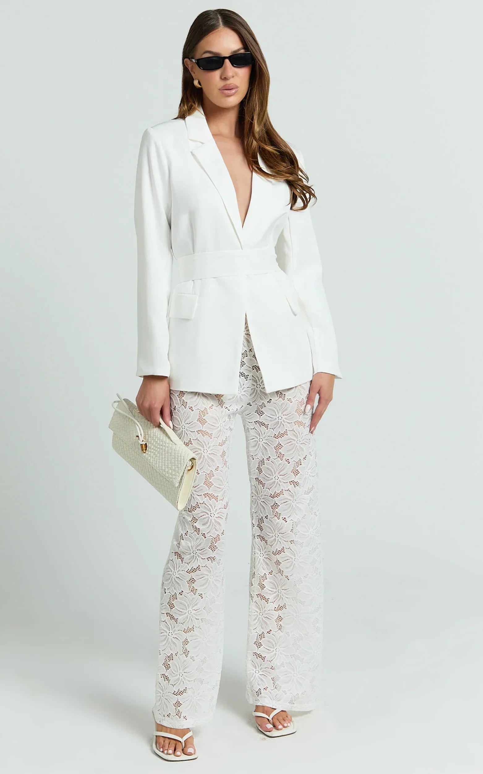Caryl Two Piece Set - Wrap Waist Blazer and Lace Pant Set in White