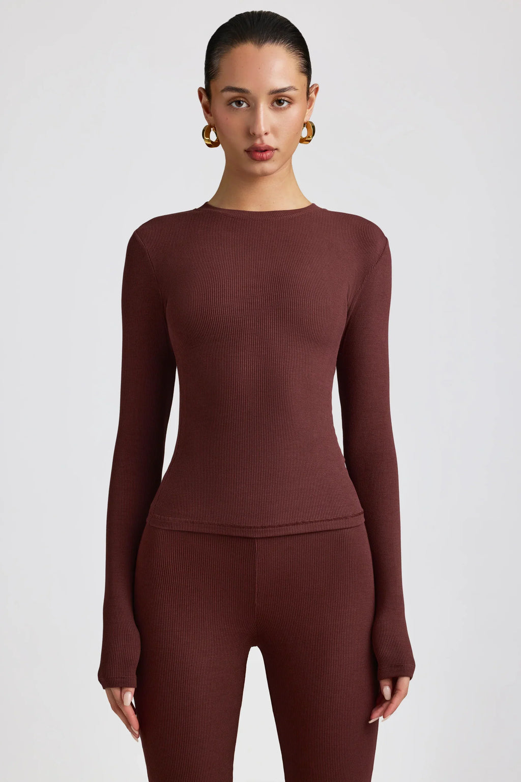 Ribbed Modal Crew Neck Top in Espresso