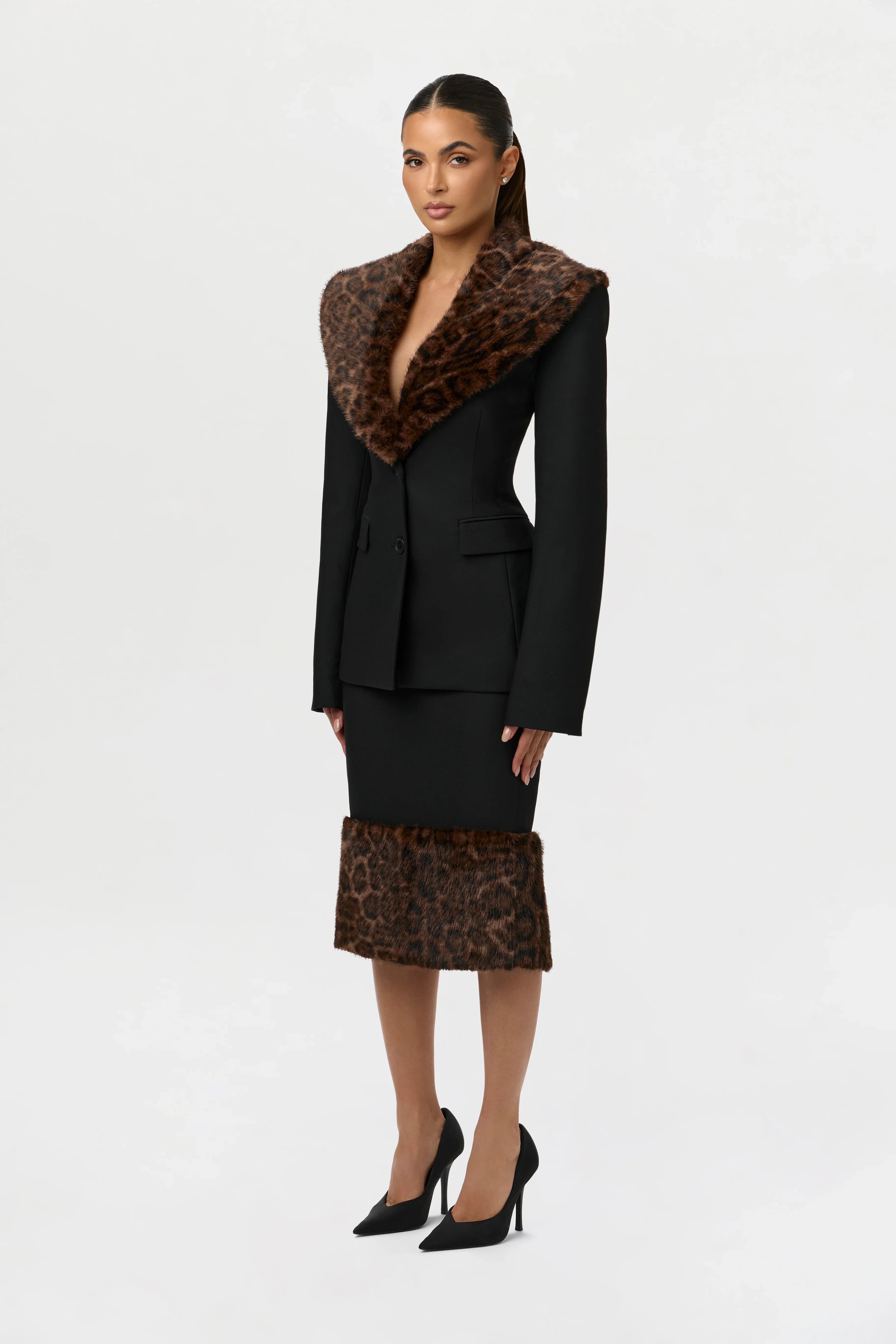 Suiting Faux Fur Leopard Midi Skirt