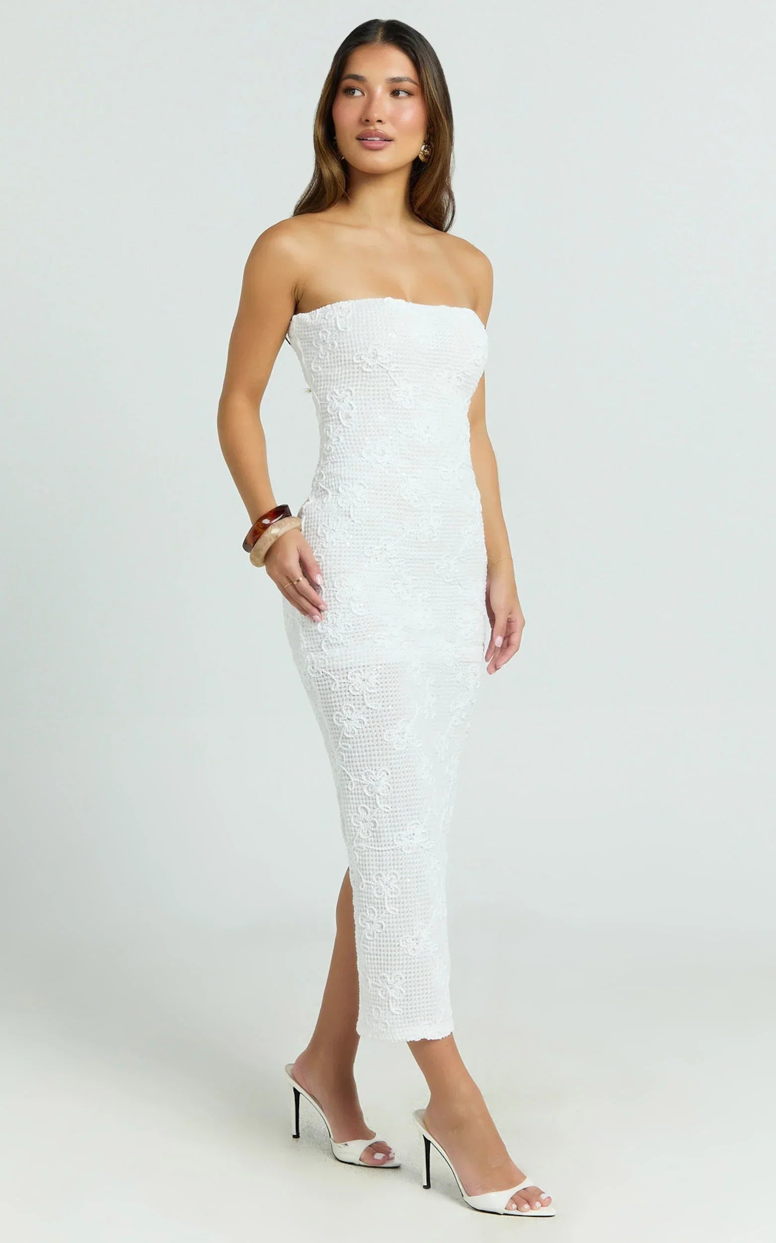 Jamil Midi Dress - Strapless Fitted Jersey Dress in White