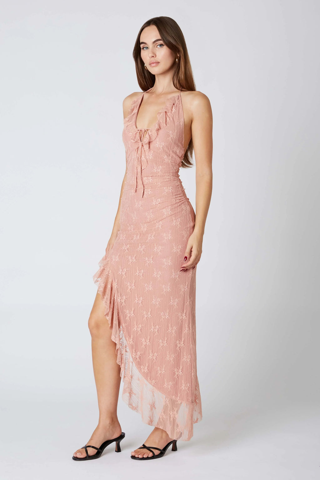 Lace Halter Asymmetrical Midi Dress