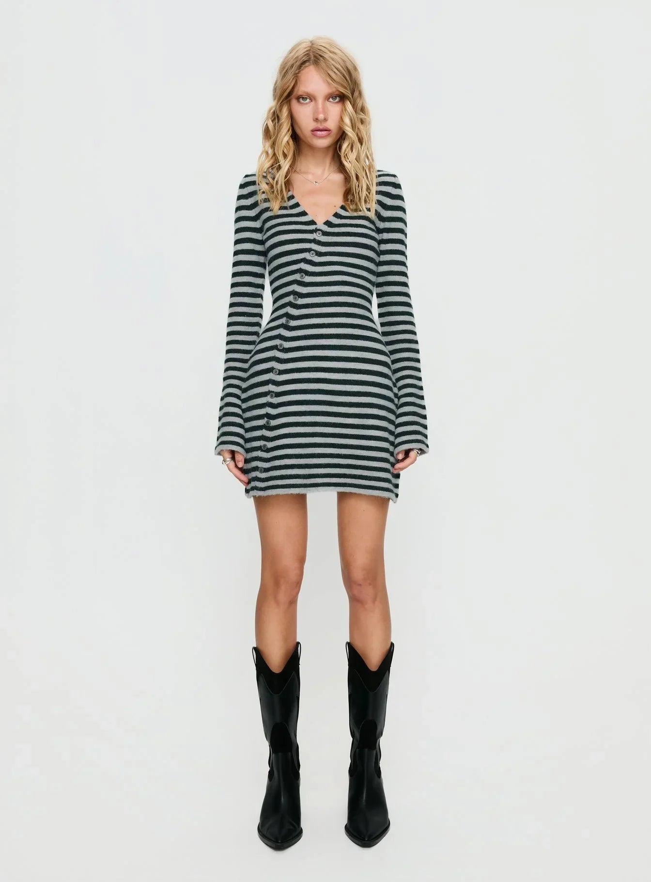 Morgen Asymmetrical Long Sleeve Mini Dress Grey / Green Stripe