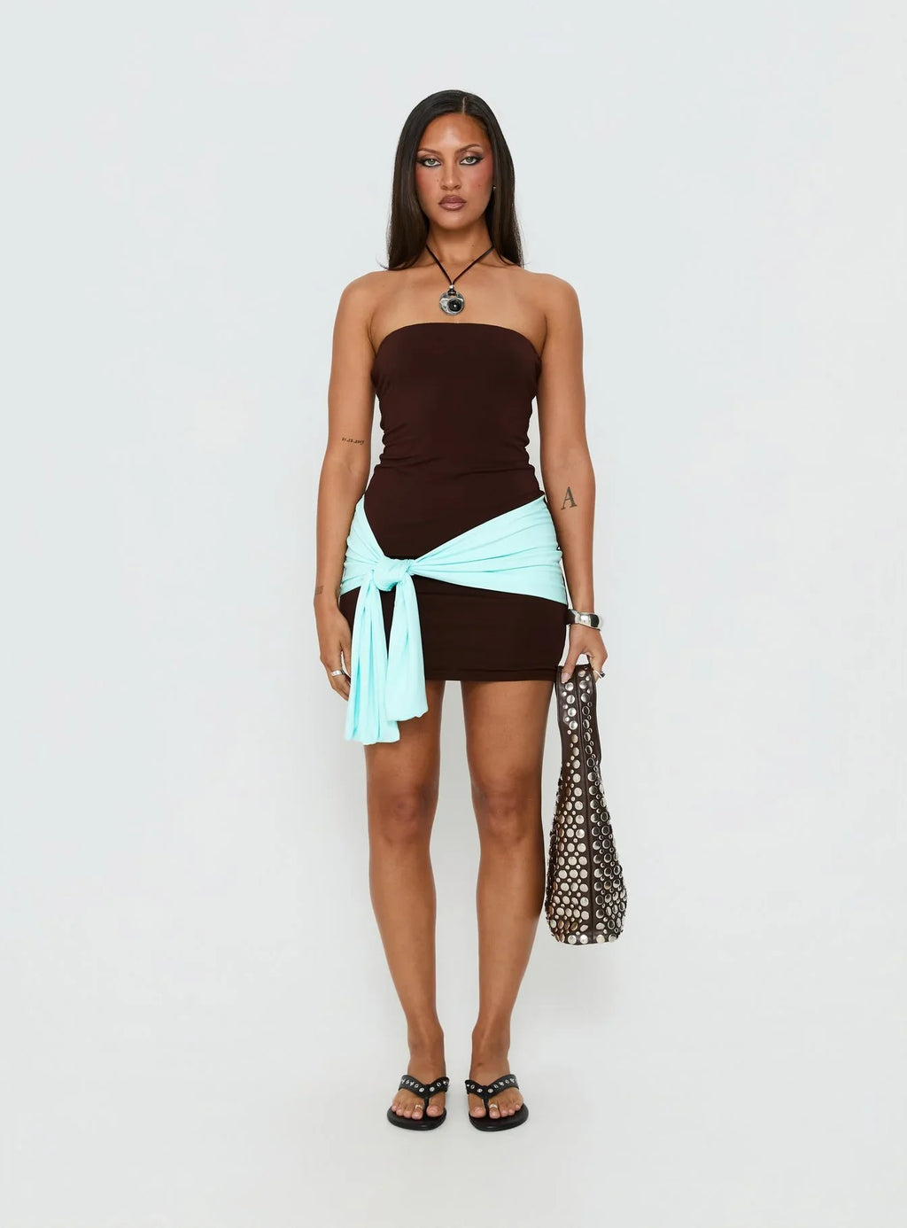 Teeah Strapless Tie Detail Contrast Mini Dress Brown / Blue