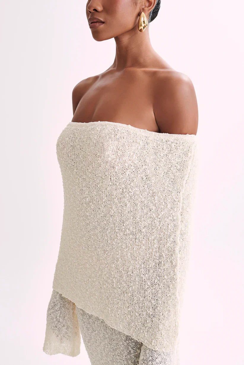 Off-Shoulder Ribbed Bouclé Maxi Dress with Flared Sleeves
