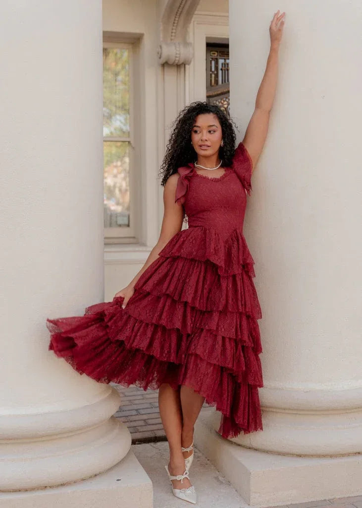 Romantic Ruffle Tiered Lace Midi Dress – Burgundy / Apricot / Black