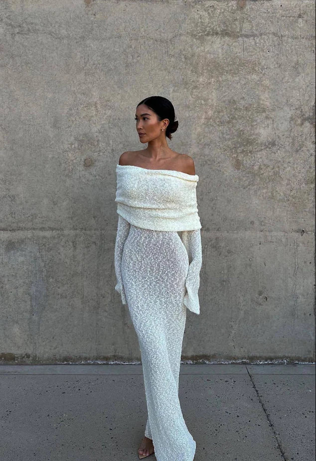 Off-Shoulder Ribbed Bouclé Maxi Dress with Flared Sleeves