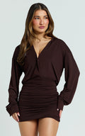Pearce Mini Dress - Ruched Jersey Shirt Dress in Chocolate