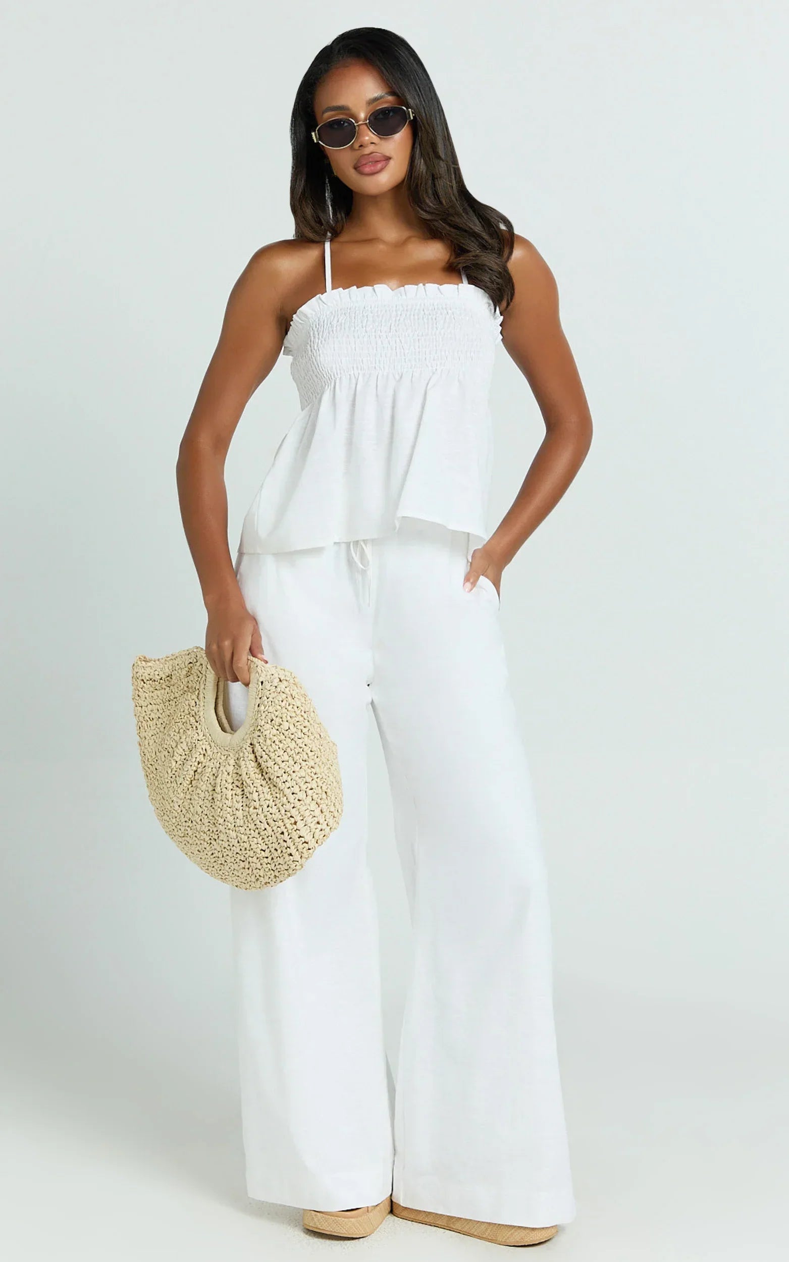 Alma Two Piece Set - Cotton Cami Pant Set in White