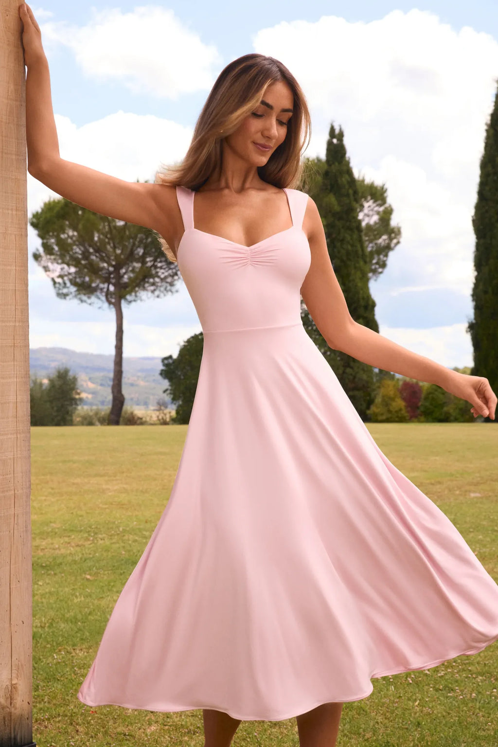 Sweetheart-Neck Ruched Midaxi Dress in Light Blue